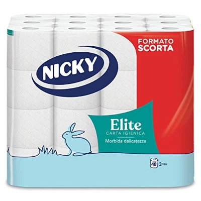 Imagen de Nicky Elite 48 rollos de papel higiénico, 150 hojas suaves 3 capas, suave y resistente al contacto con la piel, dermatológicamente probado, 100% certificado FSC®