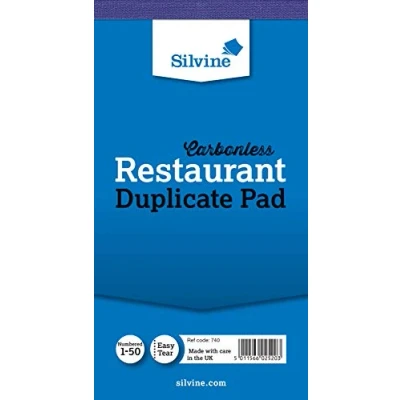 Imagen de Silvine Carbonless Duplicate Restaurant Pad Numerado 1 50 con hoja de índice (150 x 80 mm) [Paquete 10]