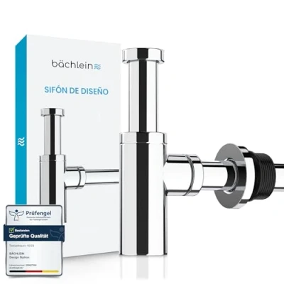 Imagen de Bächlein Sifón Universal de Diseño Cromado para Lavabos y Lavamanos Set Desagüe Trampa con Abertura Limpieza + Instrucciones Instalación Diseño, Tubería
