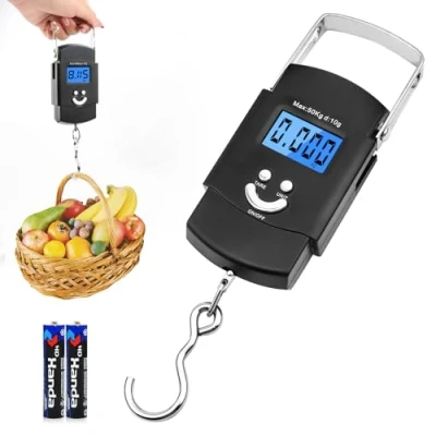 Imagen de VFANDV Portátil Balanza Escala, 110 LB/50KG Báscula de Equipaje Digital con Gancho Pescado Pantalla LCD Retroiluminada Bascula para Vida Compras Exterior