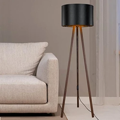 Imagen de Lámpara de Pie Trípode Iluminación Salón Luz Suelo 1xE27 20 W MDF PVC Textil 21 x 37 cm Altura 136 Color Nogal/Negro