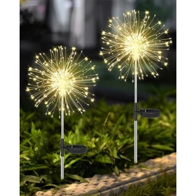 Imagen de Joysing luces solares de fuegos artificiales paquete 2 120 LED para jardín al aire libre, 8 modos impermeables luciérnaga paisaje patio decoración boda blanco cálido
