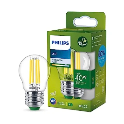 Imagen de Philips Bombilla LED esférica Eficiente, Casquillo E14 2.3W, 485 Lúmens, Luz Blanca Fría 4000k, Clase Energetica A