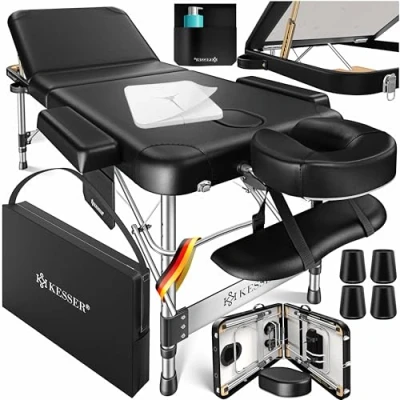 Imagen de KESSER® camilla de masaje móvil 70 cm ancho, plegable y regulable en altura, 3 zonas, mesa masaje, terapéutica aluminio + 10 protectores faciales con reposacabezas