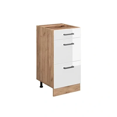 Imagen de Vicco Mueble bajo de Cocina R Line, Blanco Alto Brillo/Roble Dorado, 40 cm con cajones, sin encimera