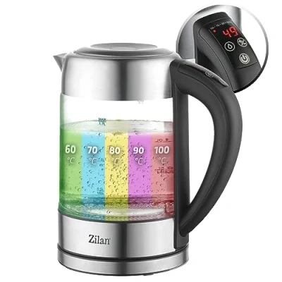 Imagen de Zilan hervidor de agua cristal LED, pantalla digital, 1,7 l, 5 ajustes diferentes, inalámbrico con cuerpo vidrio borosilicato 360, 2200 W