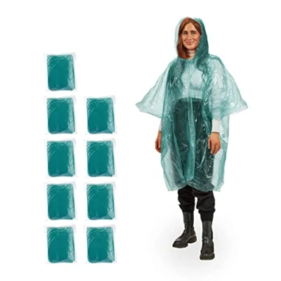 Imagen de Relaxdays Set de 10 Chubasqueros, Capa Lluvia Capucha, Poncho Impermeable Desechable, Hombre y Mujer, PE, Verde, 95 x 120 cm
