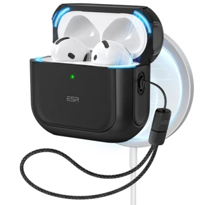 Imagen de ESR Funda para AirPods 4 (2024), Compatible con de 4.ª Generación(USB C), MagSafe, Protectora contra Caídas Correa, Tapa Magnética, Híbrida Orbit, Negro