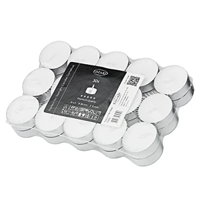 Imagen de EDZARD 30 candelitas Blancas, Taza de Aluminio, diámetro 39 mm, sin Fragancia, Tiempo combustión 4 Horas, Velas té