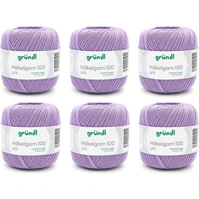 Imagen de Gründl Häkelgarn, Vorteilspack 6 Knäuel à 100 g Plain (Hilo de Ganchillo 100% Mercerizado, 566 m, tamaño Aguja: 1,5 2, x g), Lila, Algodón, Lilla, One Size, 600