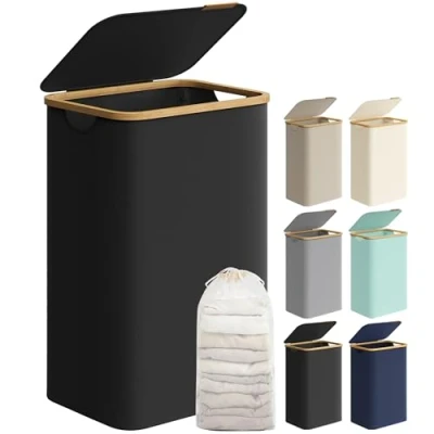 Imagen de SONGMICS Cesto de Ropa Sucia con Tapa, Gran Cesta Sucia, 90 L, Forro Malla Extraíble, Tejido Oxford, Asas Bambú, Plegable, 42 x 32 70,5 cm, Negro Tinta LCB509B01