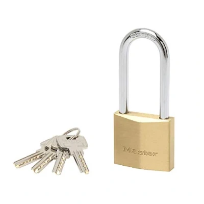 Imagen de Master Lock 2950EURDLJ Candado de llave con Cuerpo Latón Macizo Muy Grueso arco Largo, Dorado, 11.5 x 5 1.7 cm