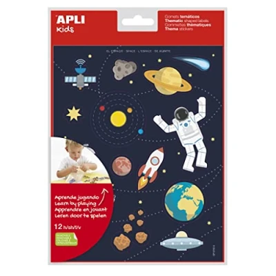 Imagen de APLI Kids 19226 Bolsa de gomets con temática espacial adhesivo removible 12 hojas pegatinas educativas Espacio