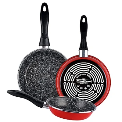 Imagen de Magefesa K2 Rojo Juego de 3 sartenes (20/24/28)cm acero vitrificado exterior rojo. Antiadherente bicapa reforzado efecto piedra, aptas para todo tipo cocinas