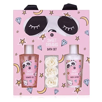 Imagen de Accentra set de regalo para mujer Sweet Dreams belleza con antifaz dormir panda, gel ducha, loción corporal y confeti baño rosas bienestar mujeres niñas