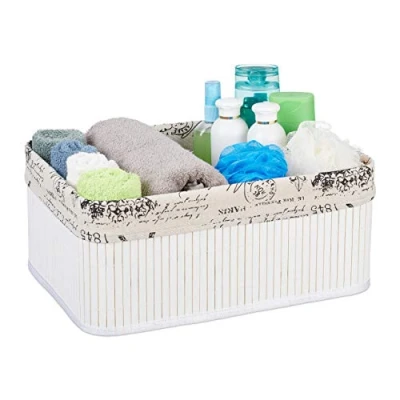 Imagen de Relaxdays Cesto Almacenamiento, Funda Tela Diseño Retro, Bambú, Rectangular, Cesta Estante Baño, 16,5x38x28,5 cm, Blanco
