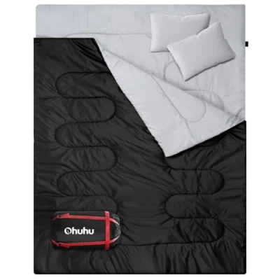 Imagen de Ohuhu Saco de Dormir Doble Enorme 220x150cm con 2 Almohadas y una Bolsa Transporte, Cuatro Tiradores la Cremallera Temperatura Cómodo: 0 C 10 (Negro)