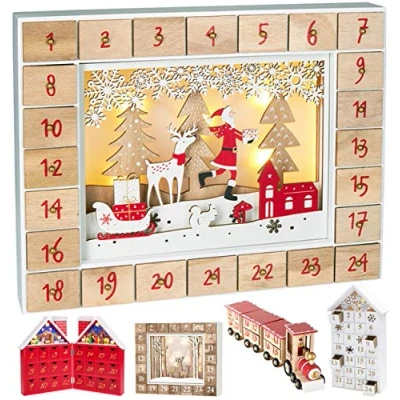Imagen de BRUBAKER Calendario de Adviento Madera Reutilizable para Rellenar Santa Claus en el Bosque con iluminación LED DIY Navidad 35.5 x 6 27 cm