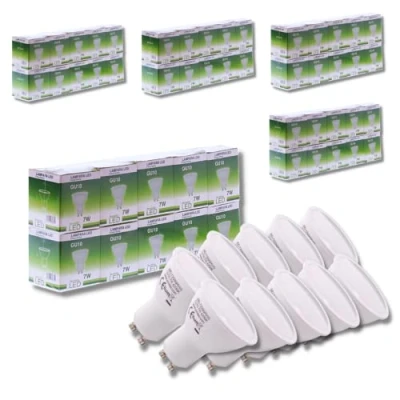 Imagen de Jandei Pack de 50 Bombillas LED GU10 7W (equivalente a 50W), Color Blanco Natural 4200K, 650 Lúmenes, bajo consumo, no regulables, para hogar, oficina, tienda.