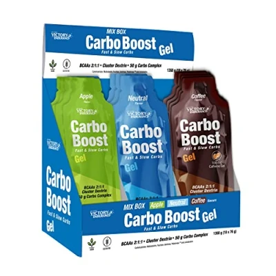 Imagen de Victory Endurance Carbo Boost Gel. Mix Box (18 x 76 g). Energía inmediata. Para el ejercicio prolongado. Complejo de Carbohidratos, BCAAs y Sodio. Sin gluten, vegano. Neutro/Manzana/Café.