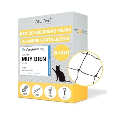 Imagen de PiuPet® Red para Gatos Reforzada I 8x3m Negro balcón, terraza y Ventana Incluye Set de fijación Malla Protectora Balcon Redes Ventanas