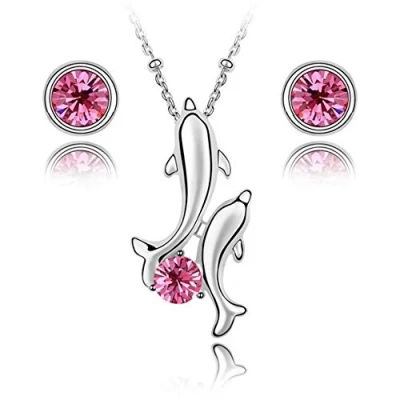 Imagen de Crystalline Azuria Mujer 18ct Chapado en Oro Blanco Cristales Delfines Juego de joyas Rosa Collar con Colgante 45 cm Pendientes aro para y Niña