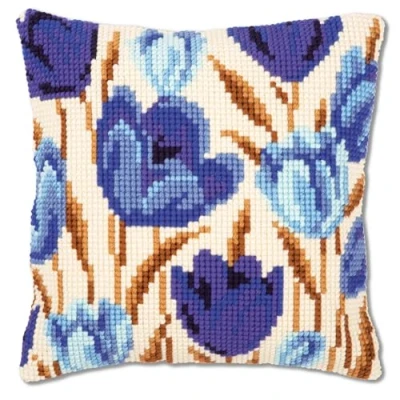 Imagen de Vervaco Punto De Cruz Kit Cojin Decorativo Tulipanes Azules Manualidades Adultos Decoracion Bordar Principiantes Completo DIY Bordado Creativo Regalo ca. 40x40 cm Cross Stitch Embroidery