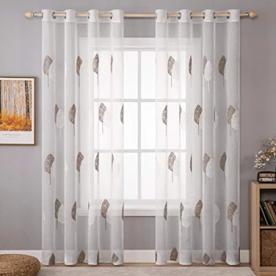 Imagen de MIULEE Cortinas de Salon Modernas con Bordado Hojas, Dormitorio Translucidas 2 Piezas Ojales, Decorativas Visillos para Ventanas Habitacion (2X A140 x L225 cm, Hojas Blancas y Café)
