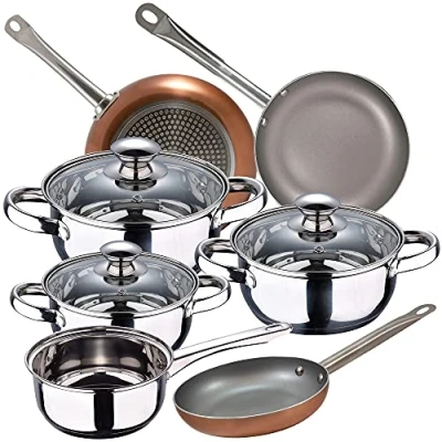 Imagen de Bateria de cocina 7 piezas SAN IGNACIO Faro, acero inoxidable, con juego sartenes (18/22/26 cm) Optimum Plus en aluminio prensado
