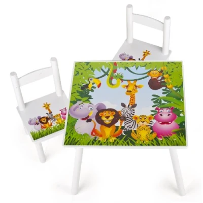 Imagen de leomark Conjunto Infantil de Mesa y 2 Sillas Madera, Juego Blanco Muebles Infantiles para Niños, Estable, Diversión Aprendizaje, Fácil Montaje, Motivo: Diseño Animales, Altura: 42 cm