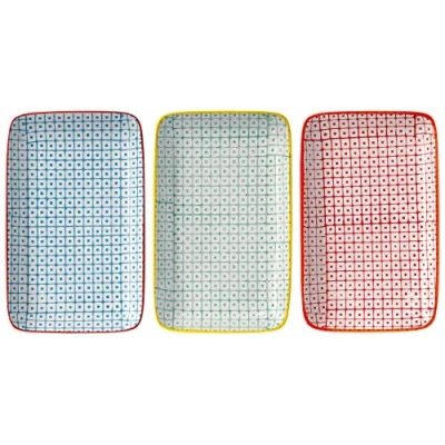 Imagen de BLOOMINGVILLE Plato para servir Carla rectangular de colores L 19 x W 12 cm, rojo azul verde, Cerámica, juego 3