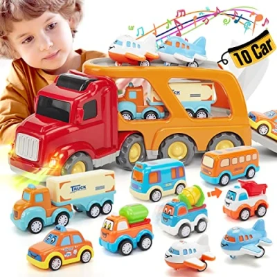 Imagen de hahaland Camion Juguetes Niños 2 Años, 10 en 1 Coches de con Luces y Sonidos, Camión Transporte 9 Pequeños Regalo para 3 4 Años