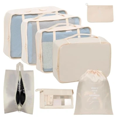 Imagen de Juego de 8 cubos embalaje, Organizador, Vacaciones Y Viajes, Organizador Maletas, Viaje, Sistema Organización Equipaje, Caja Almacenamiento (Beige)