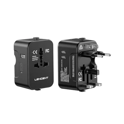 Imagen de LENCENT Adaptador Internacional de Viaje, Universal con 1 USB A + 2 Tipo C, Corriente Todo en Uno para Teléfono, Portátil, Enchufe Mundial USA/UK/EU/AUS, Negro