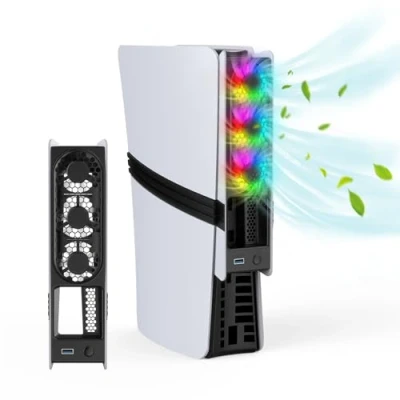 Imagen de Growalleter Ventilador de refrigeración para consola PS5 Pro/Slim, alta velocidad con control automático temperatura, bajo ruido, iluminación RGB y puerto USB 3.0 jugadores