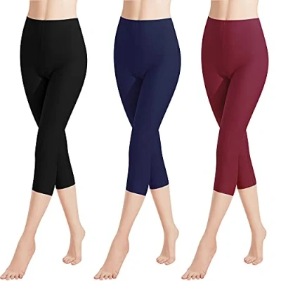 Imagen de Libella 3 Piezas Mujer Leggins 3/4 Mallas Hecho de algodón Capri Pantalones Corto con Cintura Alta Multicolor Ajustado Deportivas 4161 Negro Vino Rojo Marienblau 3XL