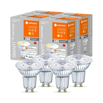 Imagen de LEDVANCE Lámpara reflectora LED inteligente con tecnología WiFi, base GU10, blanco cálido (2700 K), regulable, reemplaza las lámparas reflectoras 40W, SMART+ WiFi SPOT GU10 paquete de 4