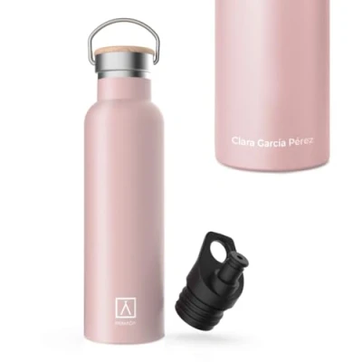 Imagen de NUMADA Botella Personalizada con Nombre 600ml de Acero Inoxidable Rosa Estanca Recubrimiento CerámicoFrío 24H y Calor 12HBoca AnchaLibre BPAIncluye 2 Tapones (1 Sport)/Bolsa Transporte