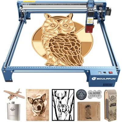 Imagen de SCULPFUN Máquina de grabado láser 10 W, cortador láser, con boquilla asistencia aire, corte limpio, trineo industrial, protección ocular extraíble, para madera, metal, rompecabezas acrílico