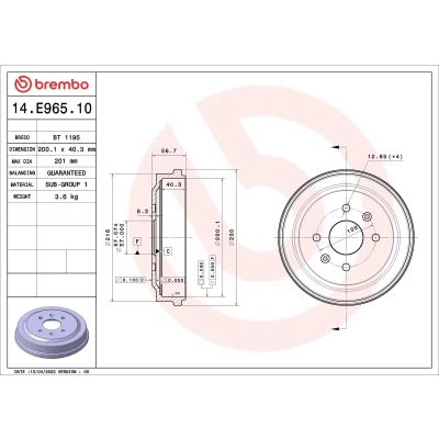 Imagen de BREMBO 14.E965.10 Tambor de Freno sin juego cojinetes rueda 200,1mm CHEVROLET: Aveo / Kalos Hatchback, DAEWOO: Hatchback