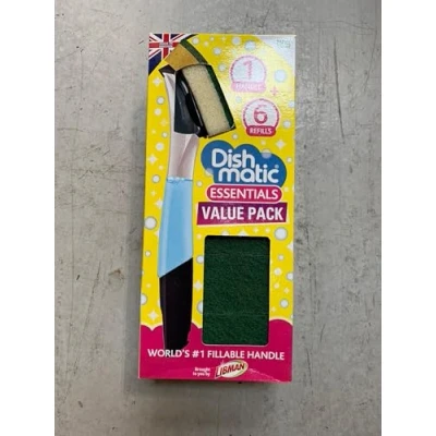 Imagen de Dishmatic esponja de lavar los platos, con mango dispensador jabón, 1 rellenable negro y 6 recambios verdes