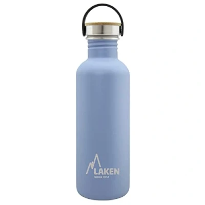 Imagen de LAKEN Botella Agua Acero Inoxidable con Tapón Bamboo y Boca Ancha, (1L Azul) Reutilizable, Ideal para Montaña, Camping, Deportes más