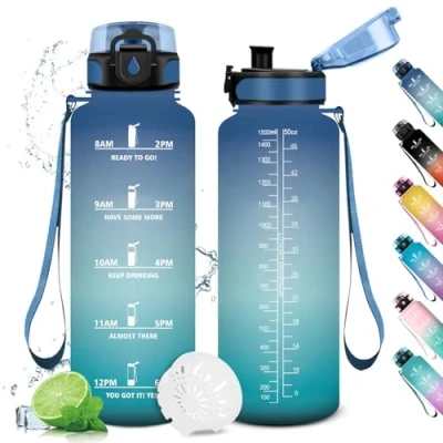 Imagen de Cantimplora Deportiva 1.5L, Prueba de Fugas, Botella Motivacional con Tapa, Agua Deporte, Marcador Tiempo, para Running, Bicicleta, Gym, Sport, Yoga