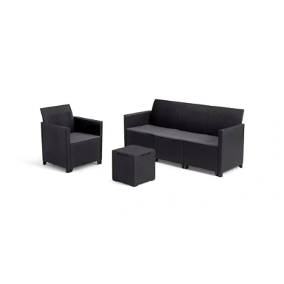 Imagen de Keter Nora Conjunto de jardín Exterior 4 plazas con Cojines incluidos y Mesa almacenaje Auxiliar 35L, Posibilidad 2 configuraciones Montaje (2+2 o 3+1), Color Grafito