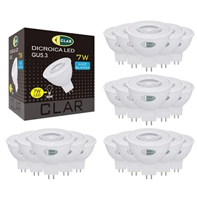 Imagen de CLAR Bombilla LED 12V, GU5.3, GU5.3 LED, MR16 Bombillas Dicroica 7W, MR16, 12V 7W (Pack 20)
