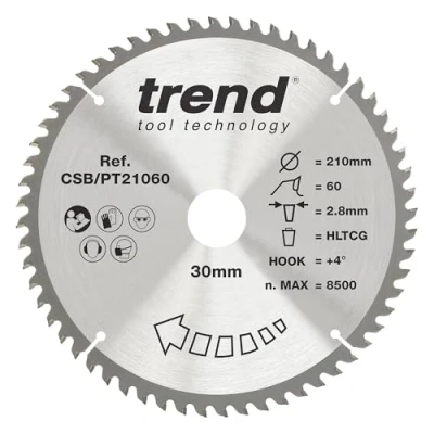 Imagen de Trend CSB/PT21060 Craft Pro Hoja circular de acabado superfino TCT ideal para sierras inmersión Sheppach PL75, punta carburo tungsteno, 210 mm x 60 dientes 30 agujeros