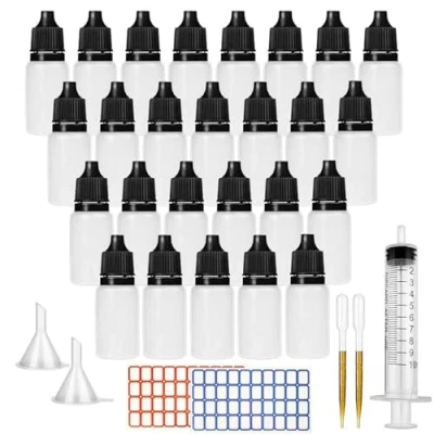 Imagen de DONQL 26Pzs botellas de Goteo 10ml, Frasco Cuentagotas Plástico, Gotero para aceite esencial, reutilizable gotas los ojos, DIY líquido, con 2 pegatinas y embudos tubo ensayo