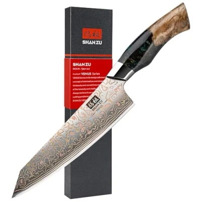 Imagen de SHAN ZU Cuchillo de Chef Damasco 20cm, Cocina Cobre y Acero 33 capas, Japonés Forjado a Mano con Mango Madera Arce VENUS Series