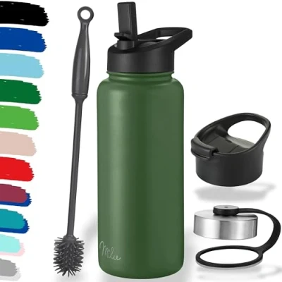 Imagen de Milu botella de agua acero inoxidable, 500, 750, 1000ml (+3 tapas), termo con pajita, aislada, aislante a prueba fugas, apta para ácido carbónico (verde oliva 1000ml)