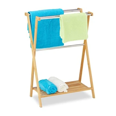 Imagen de Relaxdays Portatoallas de Pie Balda, 5 Barras, Bambú, Acero Inoxidable, Toallero con Repisa Baño, 87x58,5x36 cm, Natural